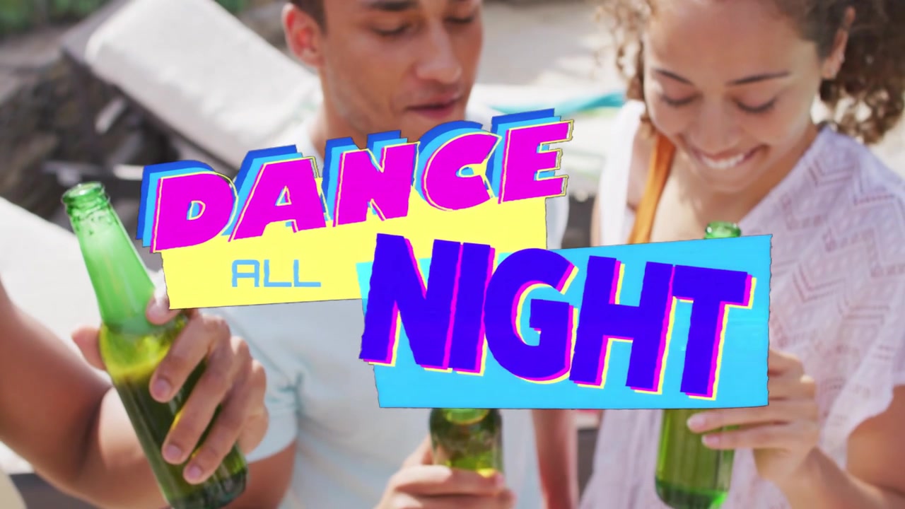 Pair lifting bottles by pool as DANCE ALL NIGHT slide hiding, revealing smiles, sparking promo clip