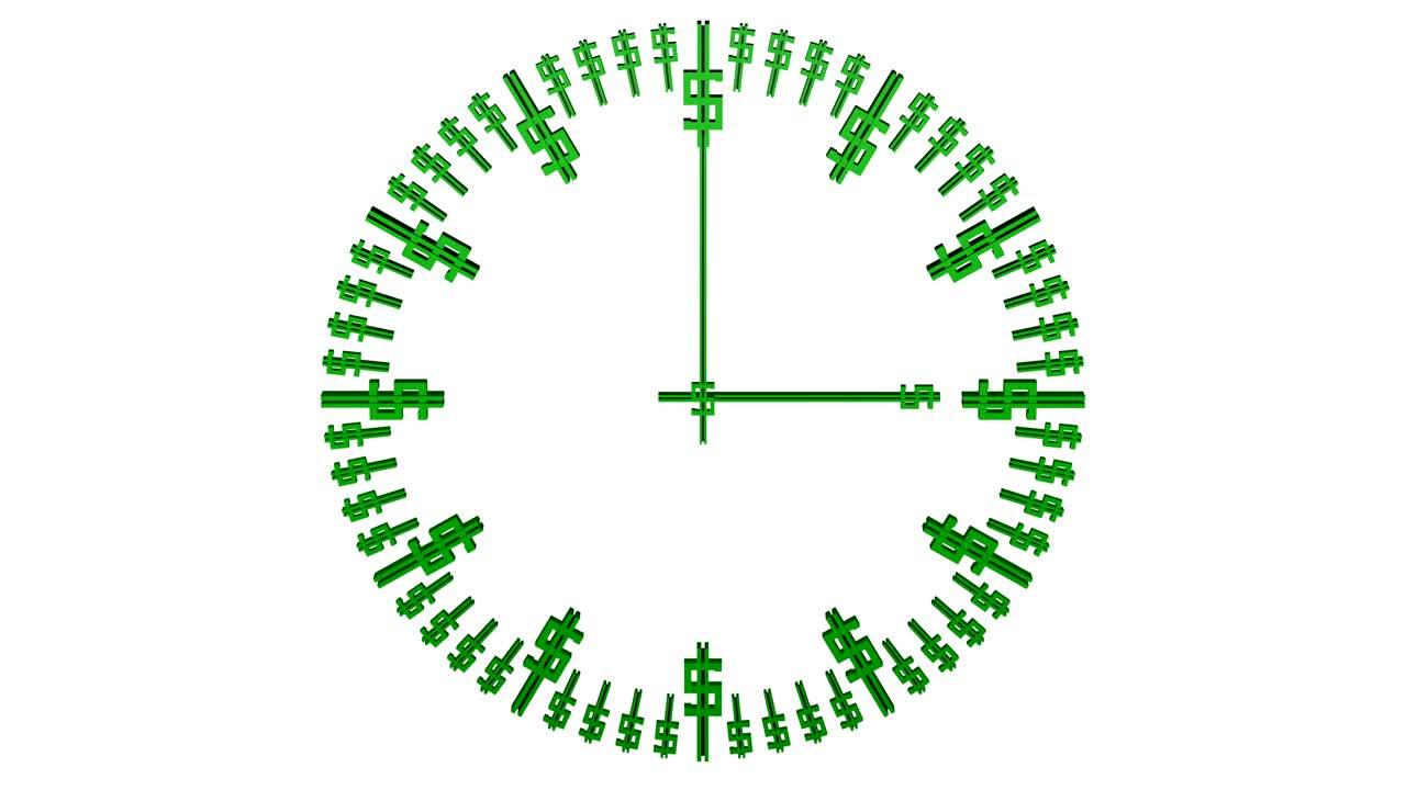 Animation of timelapse of clock face with dollar sign.