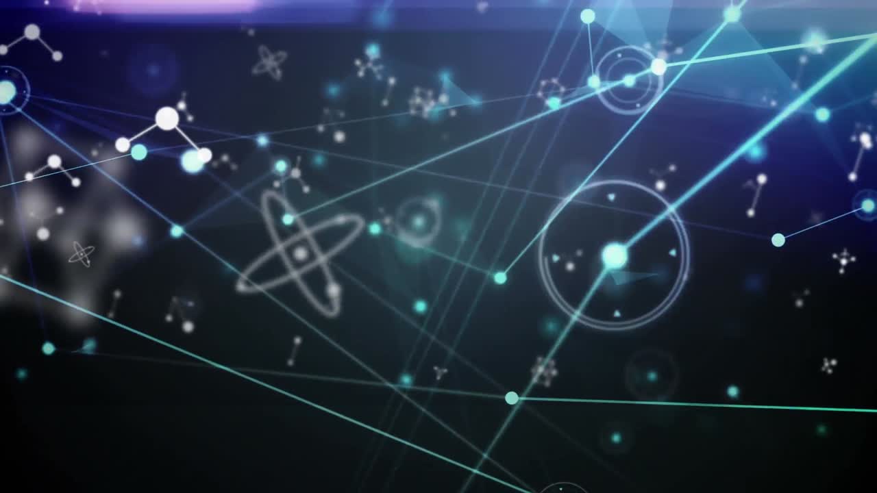 디지털 검은색과 파란색 공간에서 분자와의 연결 네트워크의 애니메이션