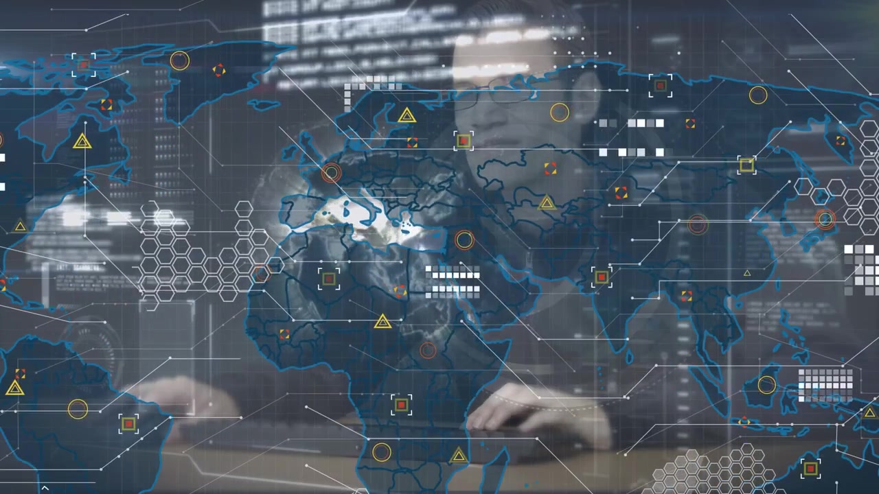 Digital interface with world map and data processing over caucasian male hacker using a computer