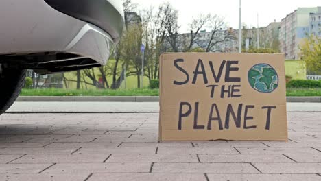 save the planet poster next to the exhaust pipe of a car