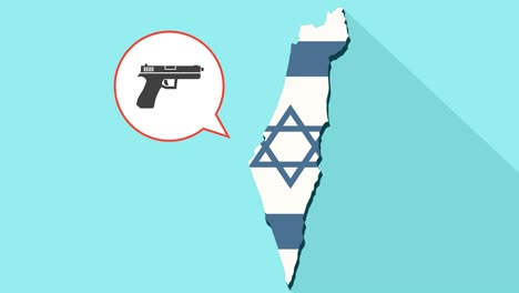 animation of a long shadow israel map with its flag and a comic balloon with a gun