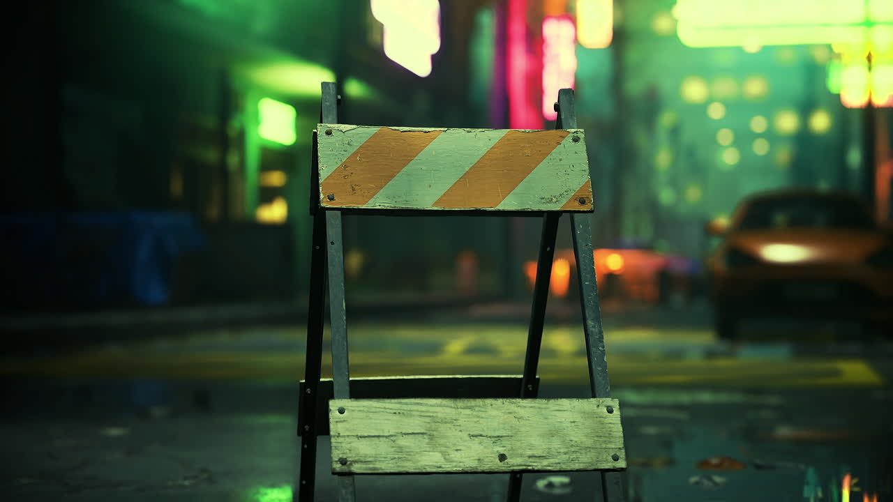 Bright city lights illuminate a construction barrier in a vibrant urban setting