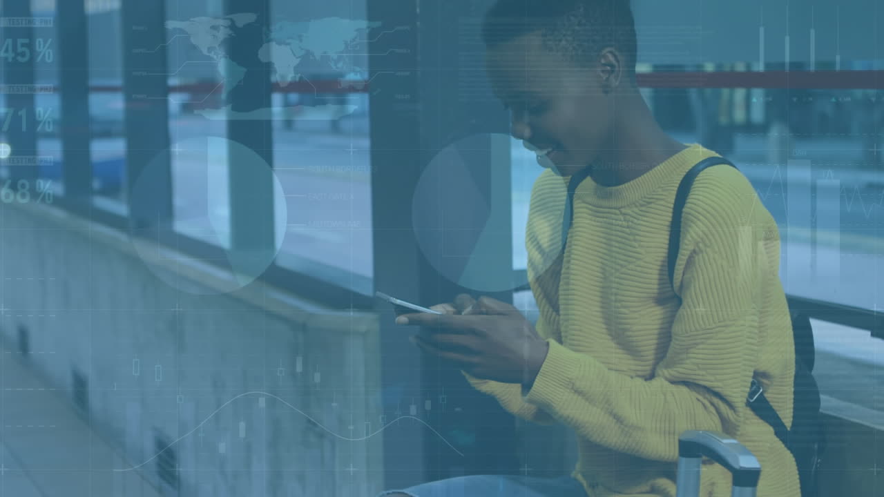 Animation of statistics processing over smiling woman using smartphone