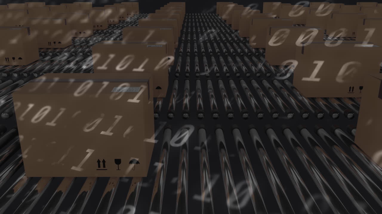 Animation of binary coding numbers changing over cardboard boxes on conveyor belts