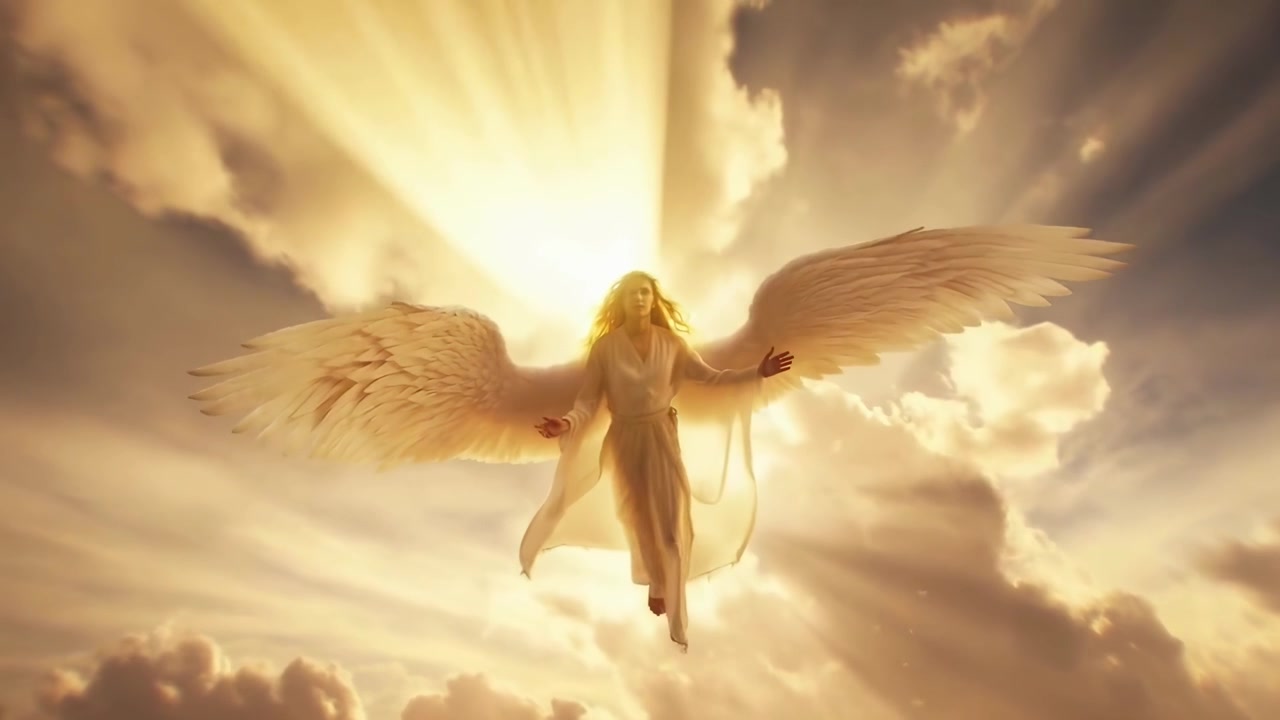 Divine Angel with White Wings Floating in Golden Sky