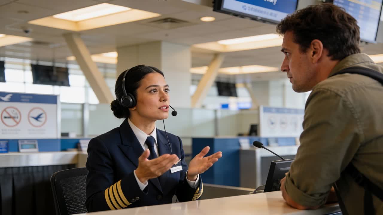 Man approaching gate, navy staff explaining and checking monitor or headset, resolving travel issue