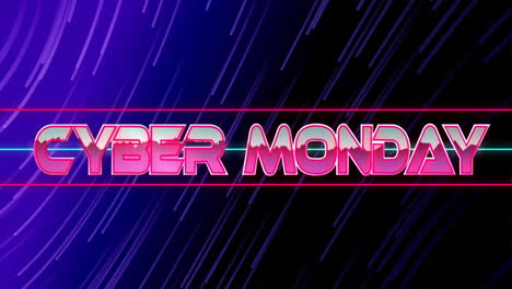 animation of cyber monday text over light trails on blue background
