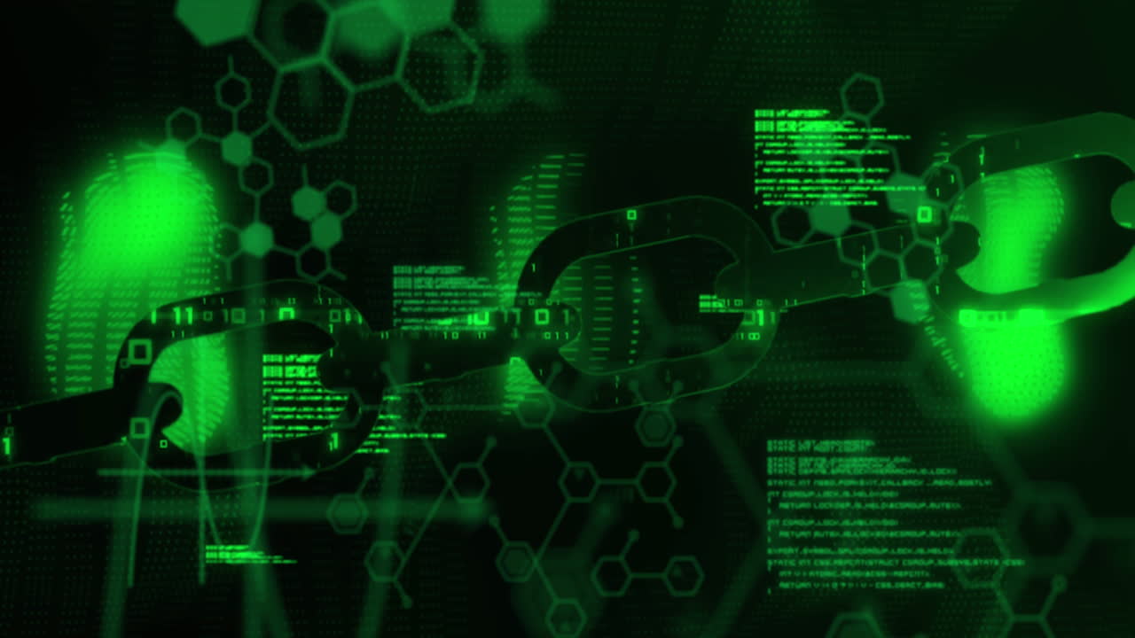 Neon green security chain icon over chemical structures and data processing against black background