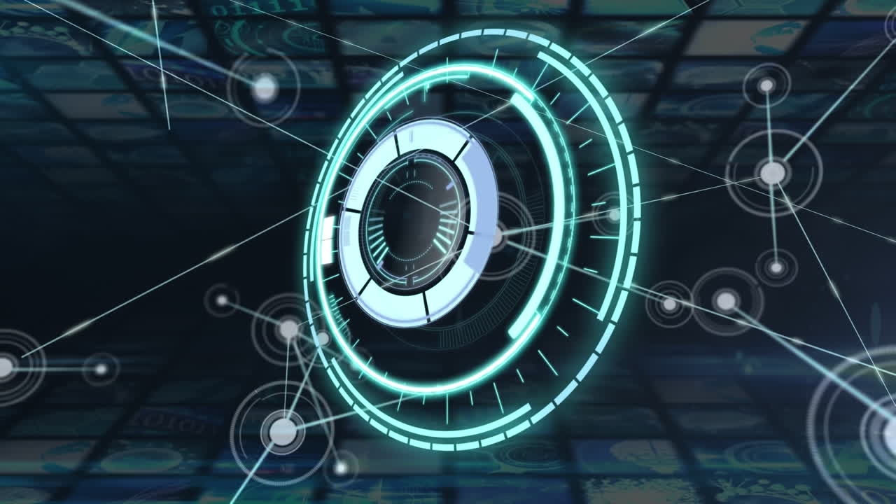 Animazione di scanner circolare e rete di connessioni su elaborazione dati su sfondo blu