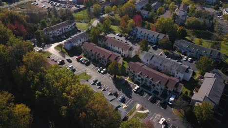 tree lined neighborhood of town homes condos