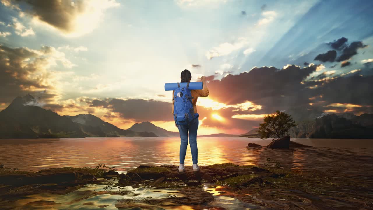 Full Body Back View Of A Female Hiker With Mountaineering Backpack Screaming Goal Celebrating The Success While Standing At A Lake During Sunset Time