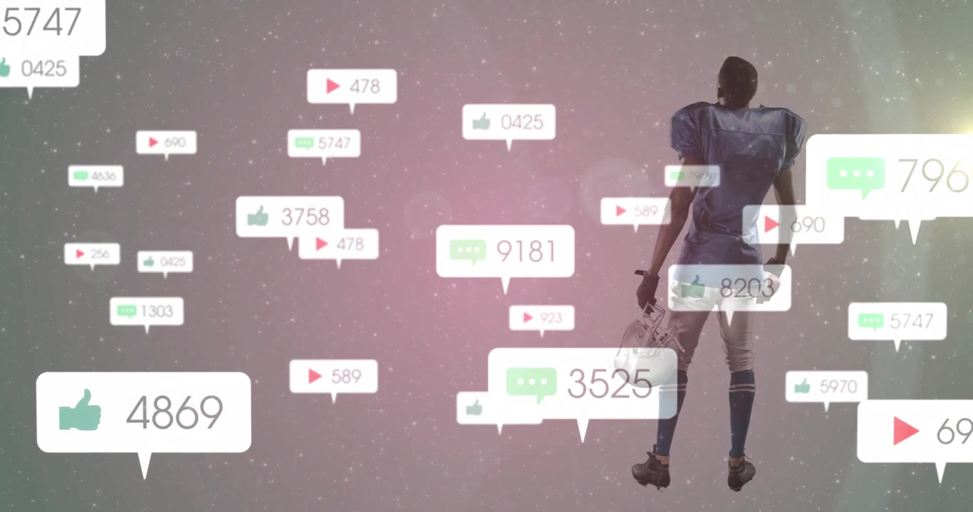 Social icons appearing driving football player walking pink gradient with helmet drifting counts