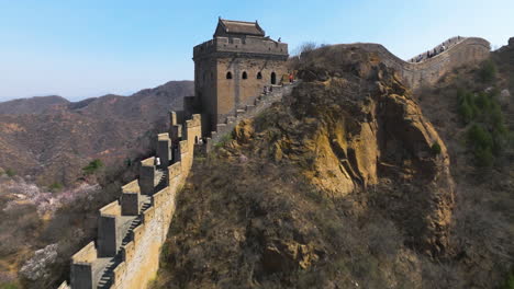 aerial view of jinshanling section at the great wall of china in luanping county, beijing, china. flyby shot