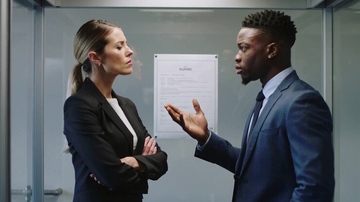 Gesturing male professional explaining printed notice to stern female colleague in elevator, suit