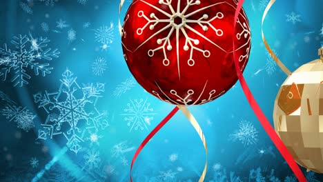 Animation-of-snow-falling-over-christmas-bauble-decorations-on-blue-background