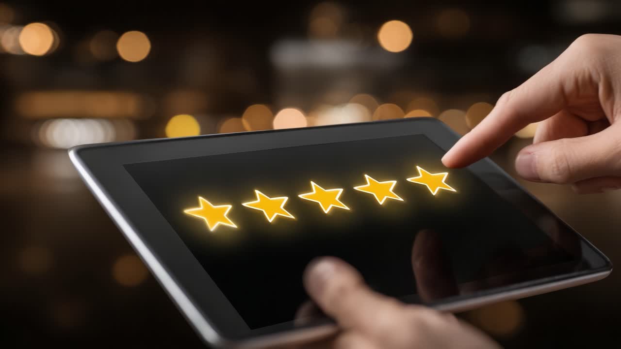 A User Engages with a Touchscreen Device to Submit a Positive Five-Star Rating, Highlighting the Importance of Customer Feedback in Today’s Digital Age