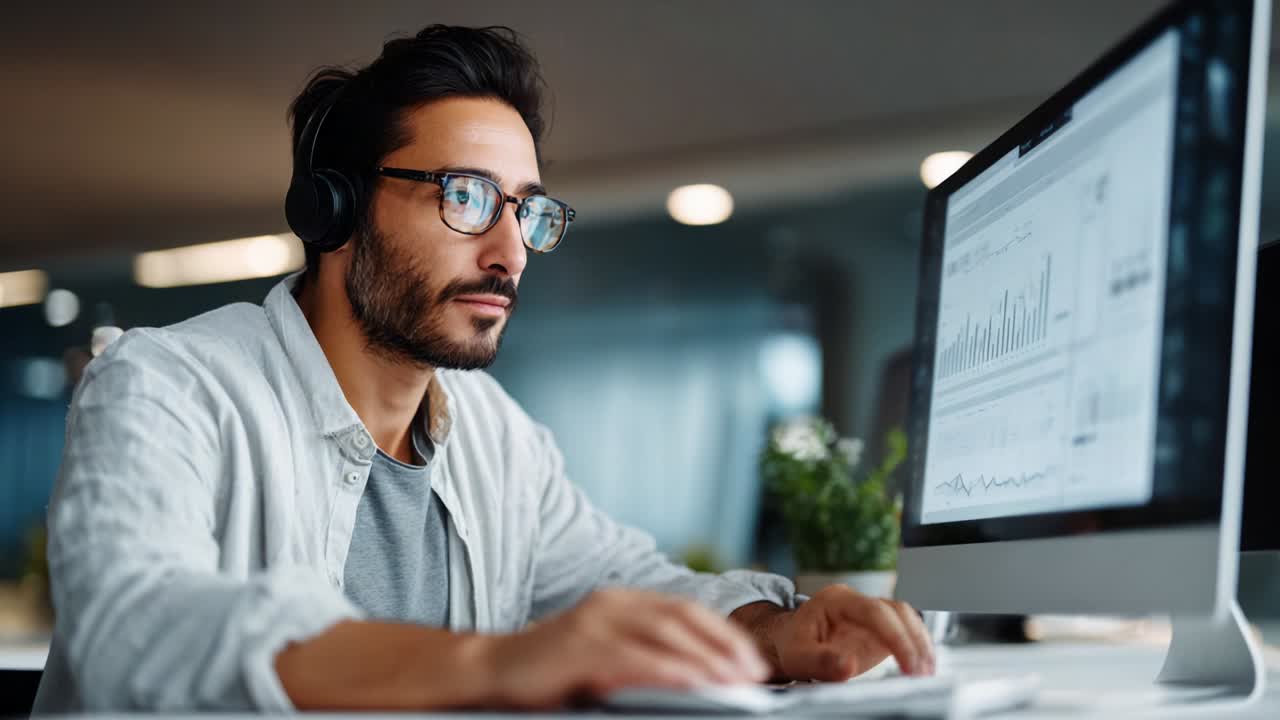 Focused Man Working on Computer in Modern Office Environment, Analyzing Data Trends and Insights with Professional Attire, Headphones, and Intent Concentration on Screen Displaying Graphs