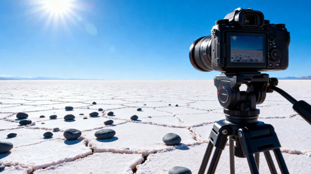 Máy ảnh DSLR trên chân máy chụp khung cảnh lớp muối kết tinh với những viên đá tối màu khi mặt trời tạo ra vệt sáng hình sao, không gian để thêm văn bản