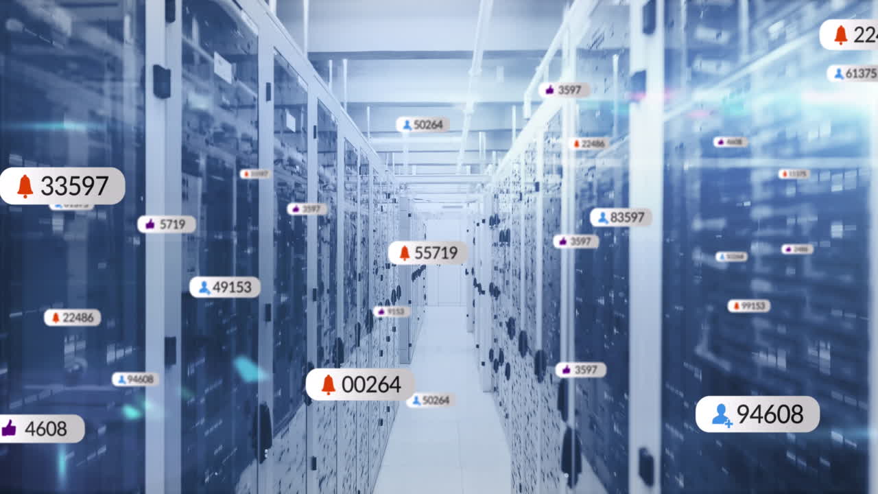 여러 소셜 미디어 아이콘의 애니메이션 모자이크 사각형에 대한 컴퓨터 서버 방