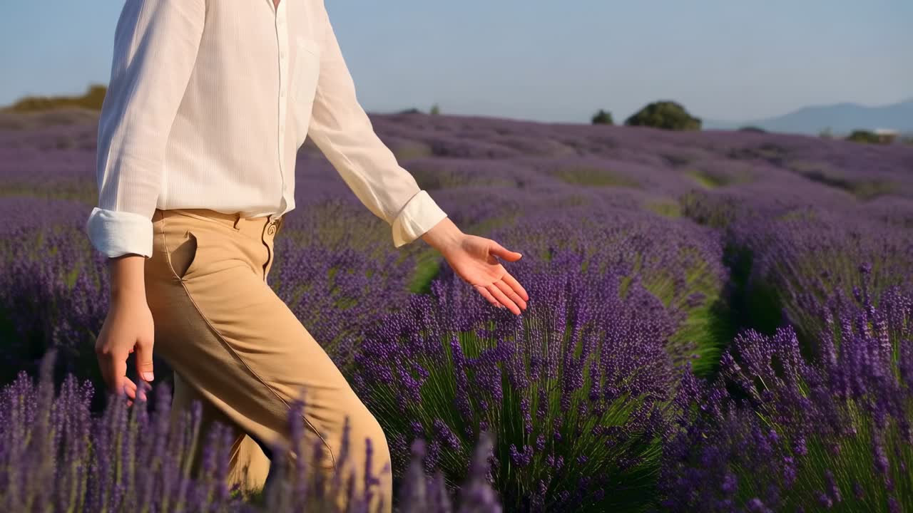 Donna che cammina disegnata dalla luce del sole che sfiora la lavanda lungo il sentiero, con camicetta bianca e pantaloni color sabbia