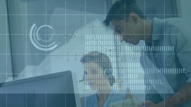 Animation of data processing over diverse business people in office