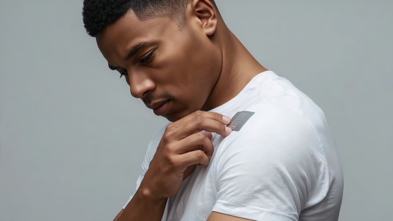 Noticing patch, man peeling adhesive from left shoulder in studio wearing white tee checking skin