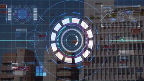 futuristic ar hud being animated over blurred background, featuring concentric rings and code panel