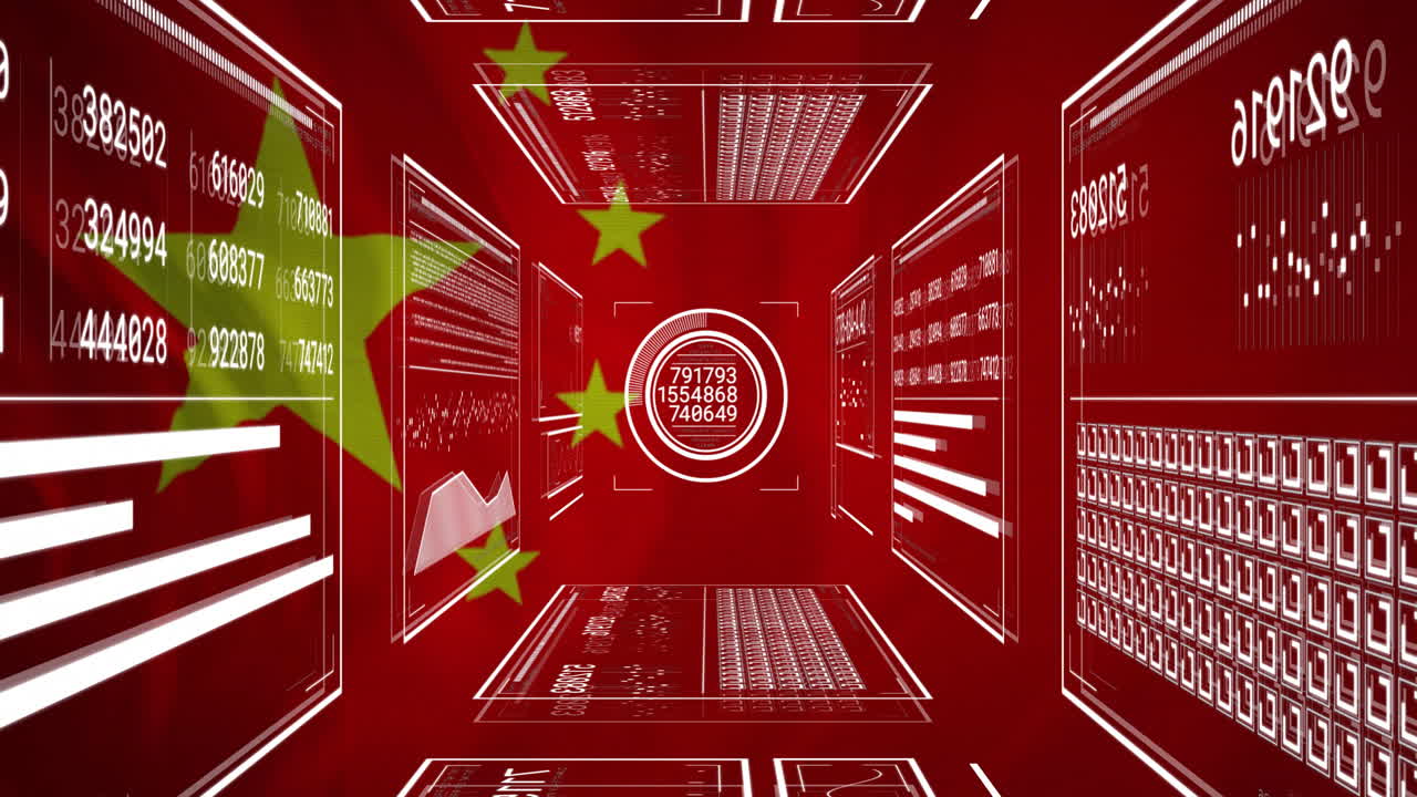 Chinese flag elements with digital data and analytics in animation on red background