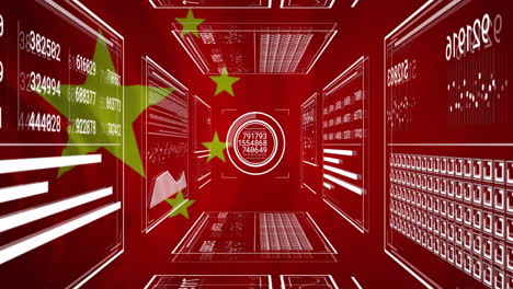 chinese flag elements with digital data and analytics in animation on red background