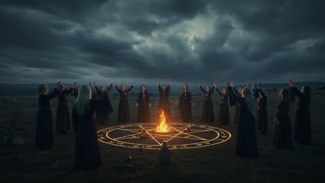 a mysterious gathering in shadows: enigmatic figures circle a glowing pentagram under ominous clouds, engaging in an arcane ritual by a dance of flames