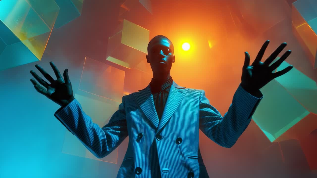 A Striking Display of Fashion and Artistry: A Stylish Model Poses Amidst Vibrant Colors and Geometric Shapes in a Captivating Artistic Environment That Highlights Modern Aesthetics