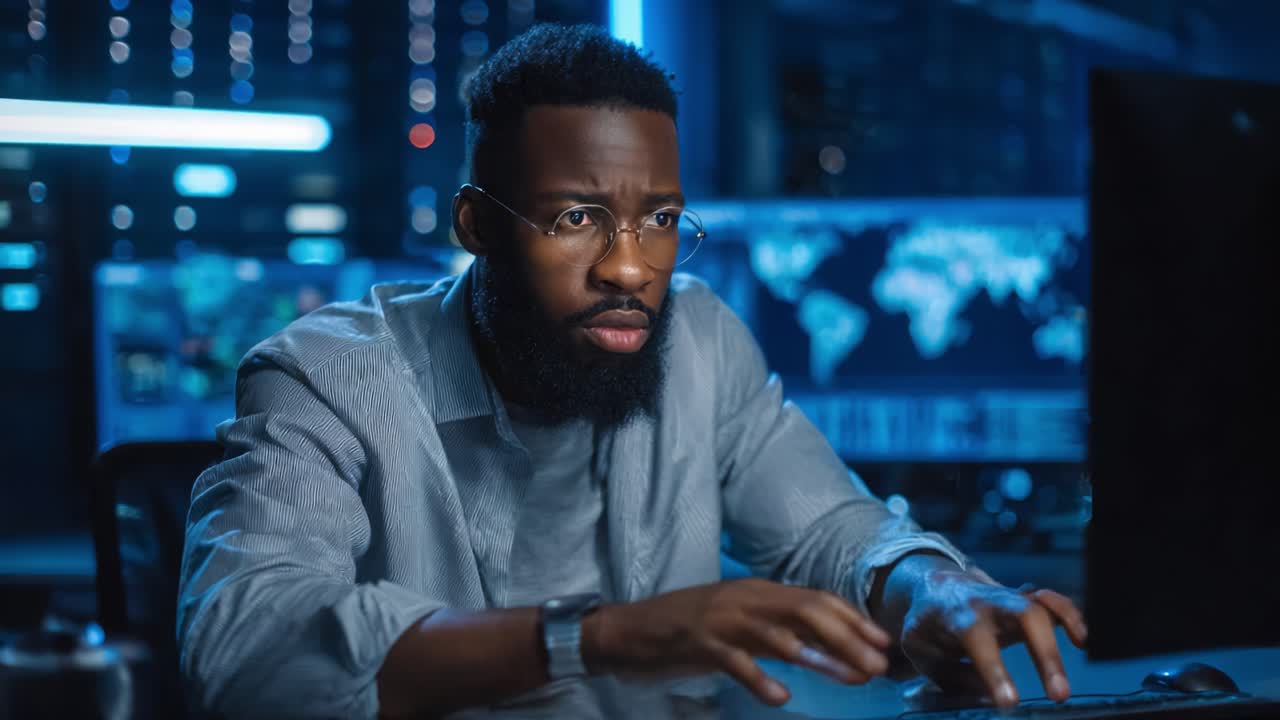 Focused Professional Analyzing Data on Computer Screen in High-Tech Environment, Surrounded by Digital Displays and Maps, Emphasizing Precision and Concentration