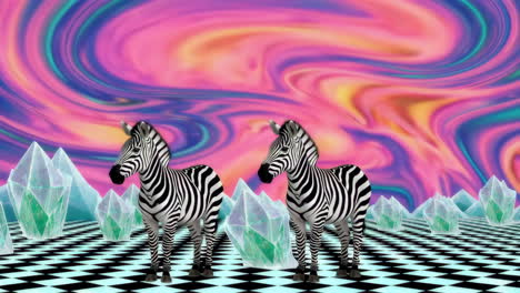 psychedelic zebras and crystals on a checkered floor