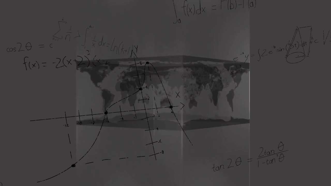 animación del mapa del mundo sobre ecuaciones matemáticas en fondo negro