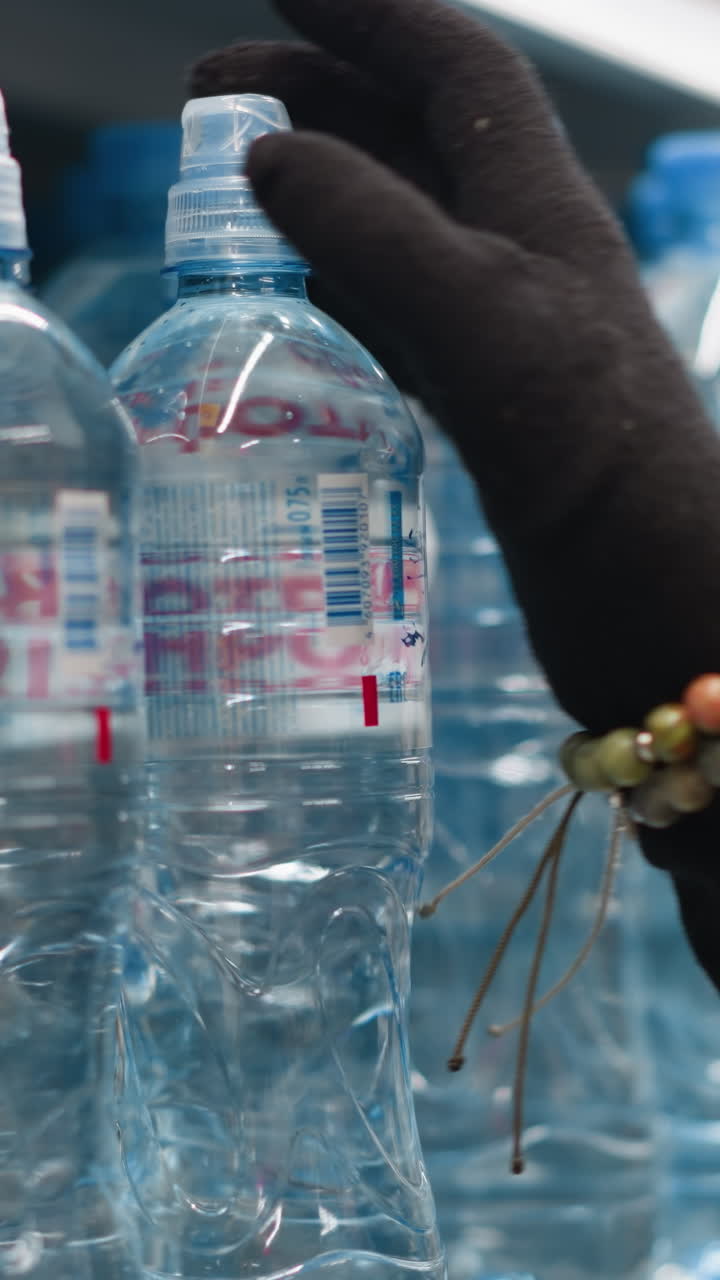 mano con guante con dos cuentas de mano tomando una botella de agua de un estante. la cámara de mano captura la acción en un entorno de supermercado, centrándose en el acto de agarrar la botella