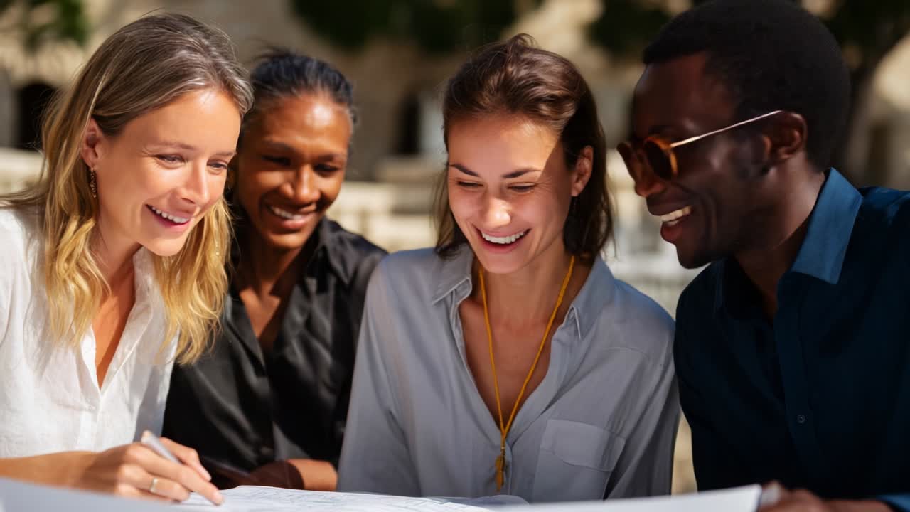 Un gruppo di amici diversi che collaborano e ridono insieme su progetti creativi in un ambiente esterno luminoso, celebrando la community, l'amicizia e il lavoro di team nei loro progetti e idee condivise