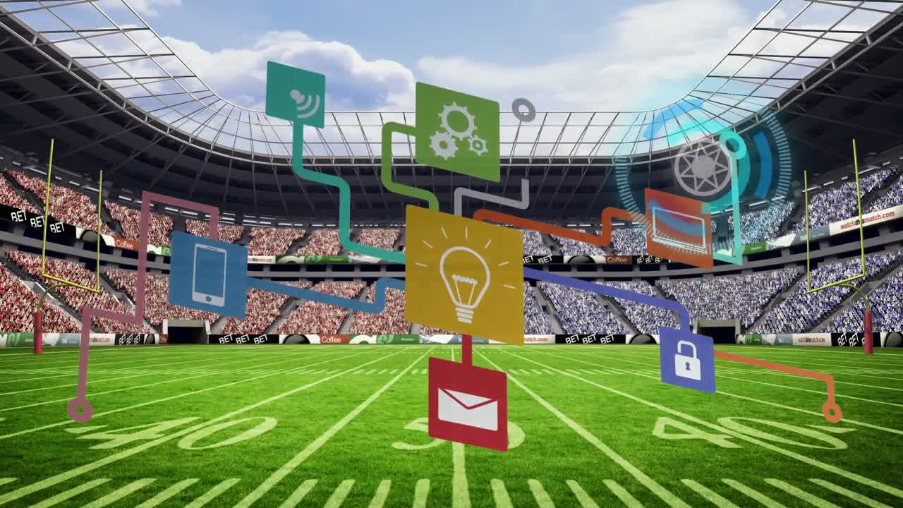 아이콘과 경기장 위의 스 ⁇  스캐닝으로 연결 네트워크의 애니메이션