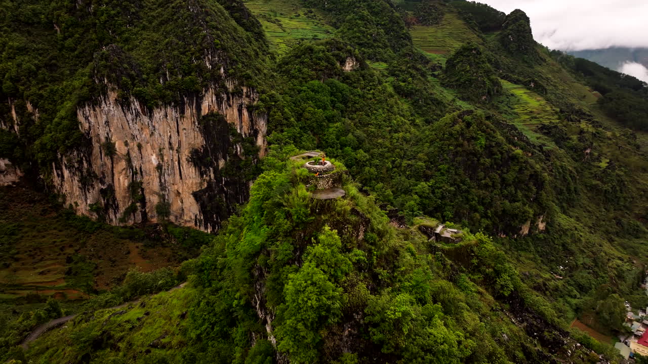 Aerial orbit around Dong Van French Fortress in North Vietnam on Ha Giang Loop