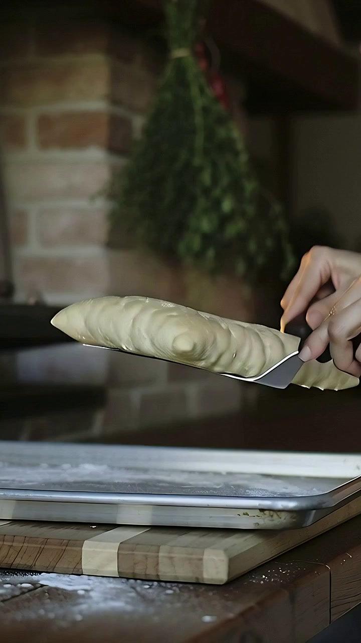 Video verticale: Spatola che scorre, mani con maniche chiare che sollevano una pagnotta lievitata su una teglia per il forno