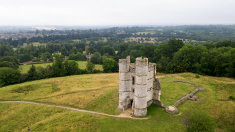 drone flying around donnington medieval castle ruins, berkshire county, england