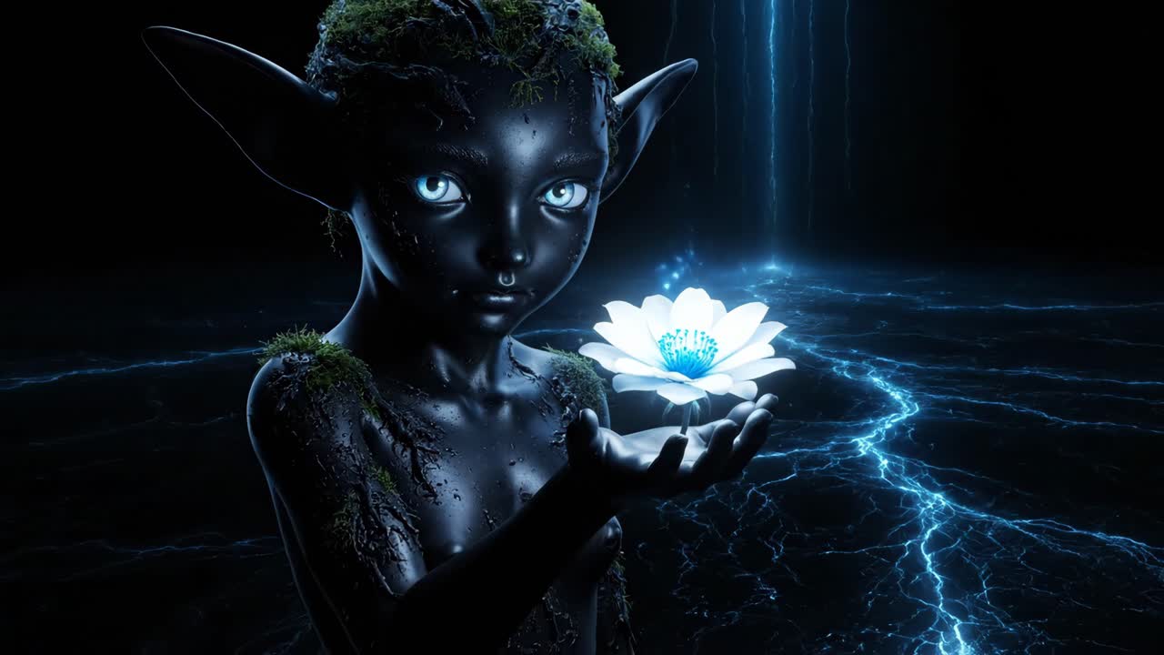 Bambino elfo magico con fiore luminoso