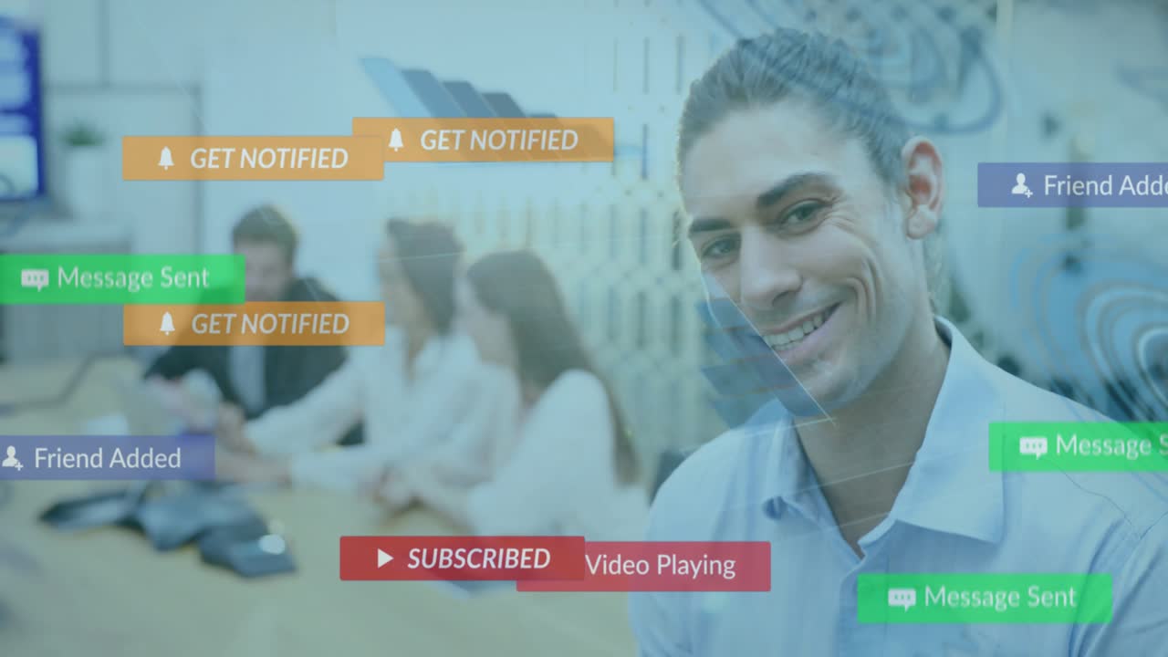 Corporate team member tapping tablet and creating floating icons for generating feedback in meeting