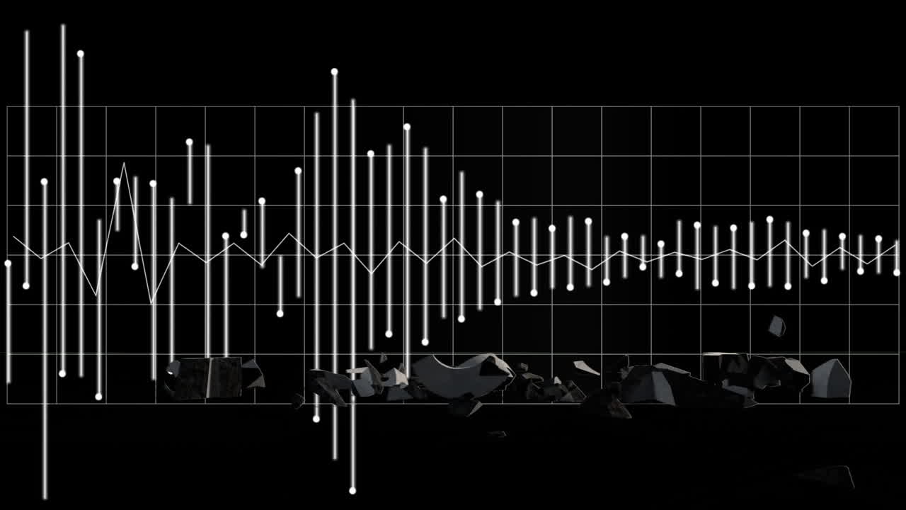 Graph with fluctuating lines and dots animation over black background with broken pieces