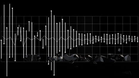 graph with fluctuating lines and dots animation over black background with broken pieces