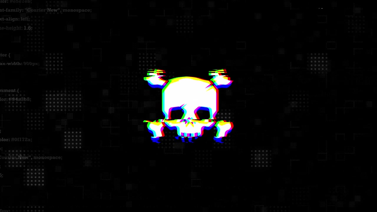 Animeret glitch-dødningehoved og korslagte knogler på digital baggrund