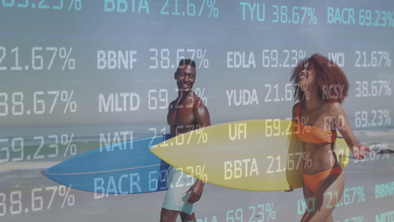 Animation of financial data processing over couple with surfboards on beach