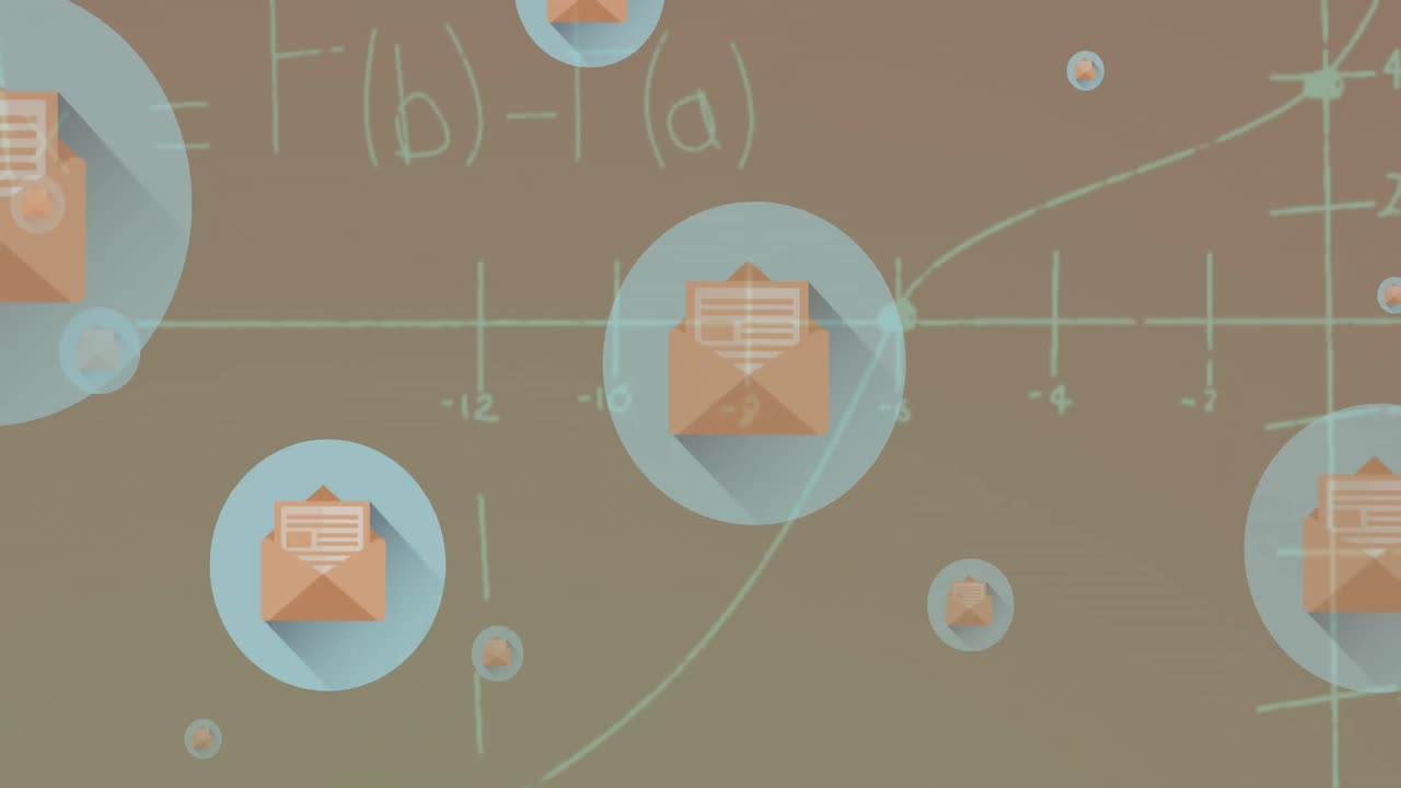 animación de ecuaciones matemáticas e iconos de mensajes flotando contra un fondo rosa