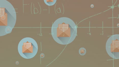 Animation-of-mathematical-equations-and-message-icons-floating-against-pink-background