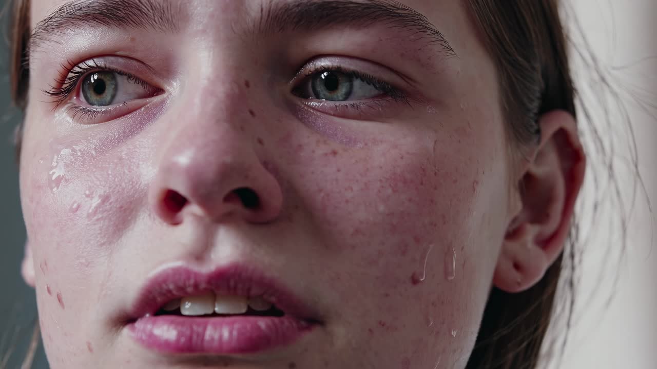 Close-up video shot of a person's face with water droplets, capturing raw emotion and vulnerability